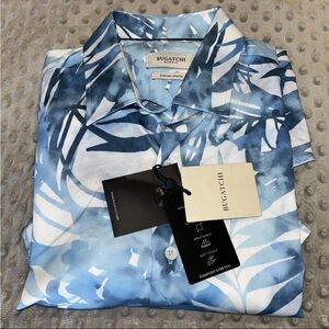 Bugatchi Men's Shirt in Blue and White Leaf Print